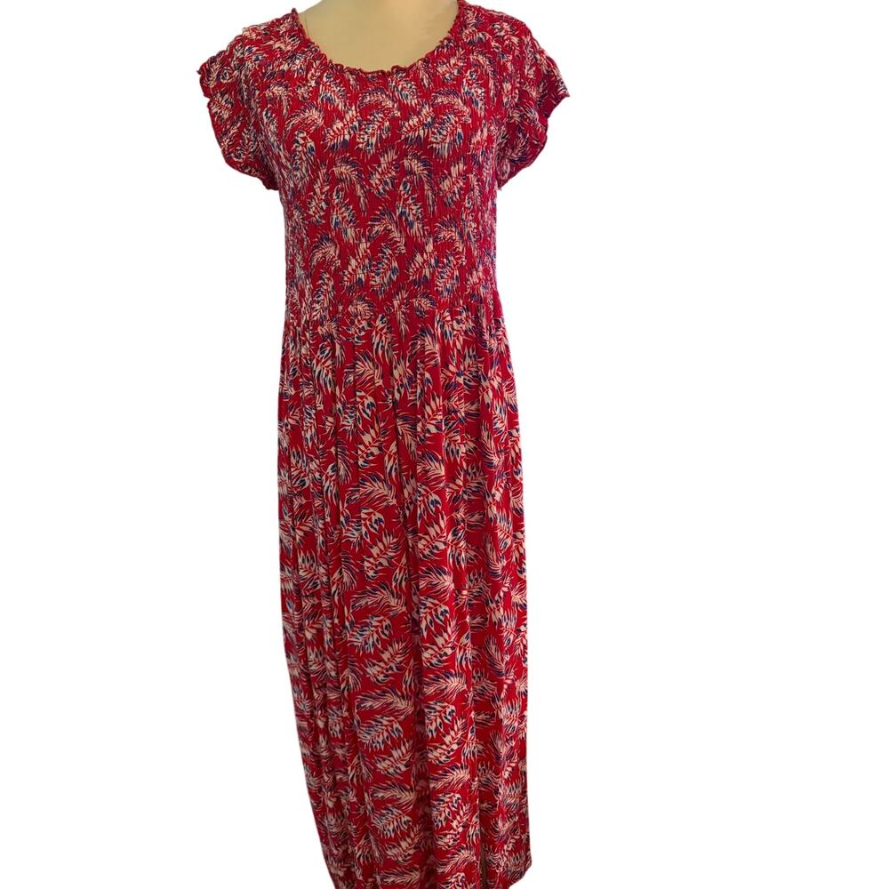 Chances R Women’s Red Tropical Leaf Print Smocked Maxi Dress Size XL
